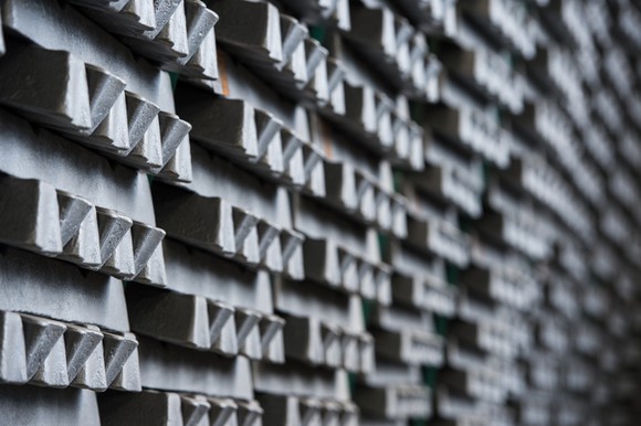 Aluminum ingots stacked.
