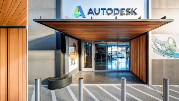 Entrance to office building with Autodesk logo over the doorway.