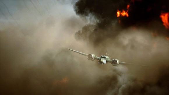 A screenshot from Battlefield 5. A plane is emerging from a cloud of smoke.