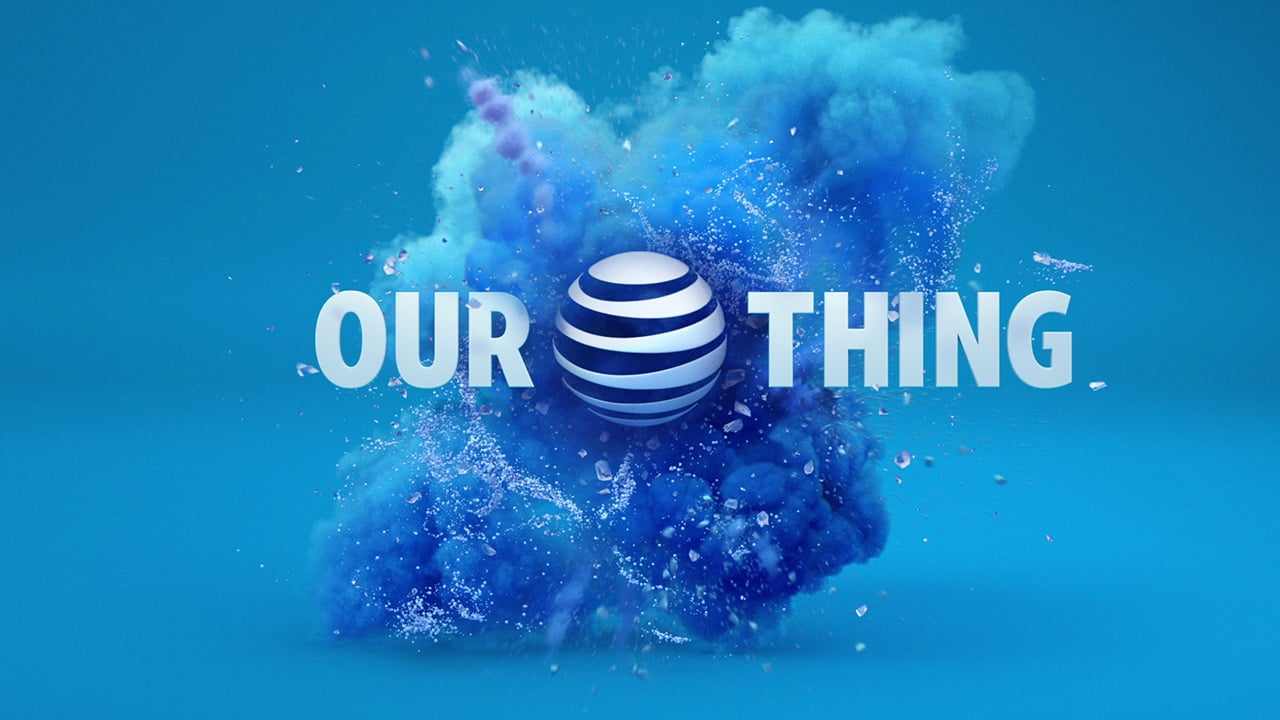 AT&T logo in a cloud of blue smoke.