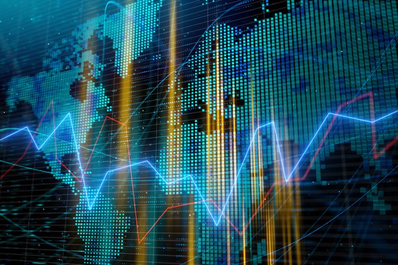 Stock graph superimposed on a world map.
