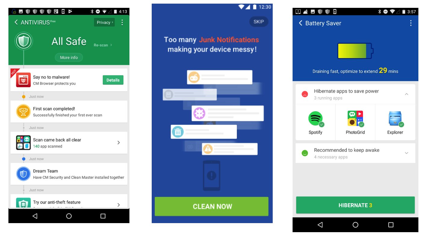 Screenshots of Cheetah Mobile's apps.