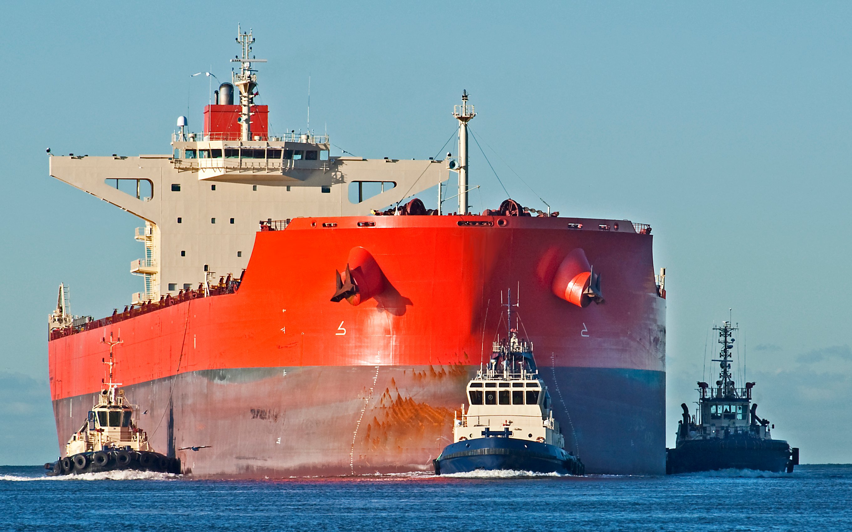 Red dry bulk ship at sea