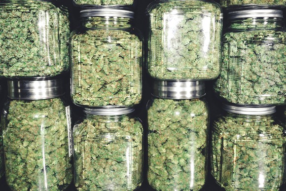 Stacked mason jars full of marijuana.