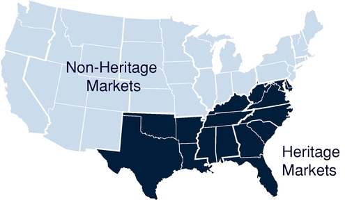 Map of U.S. showing Yeti's "Heritage" markets in the southeastern United States, versus "Non-Heritage" markets (remainder of map).