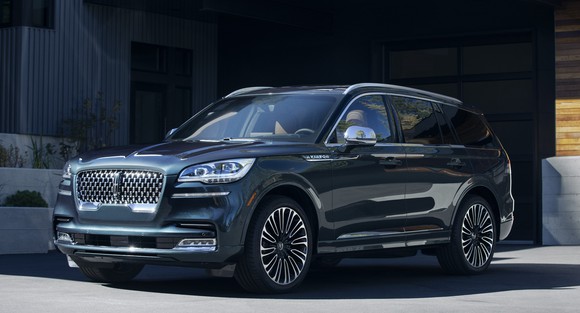 A dark blue 2019 Lincoln Aviator, a midsize luxury crossover SUV.