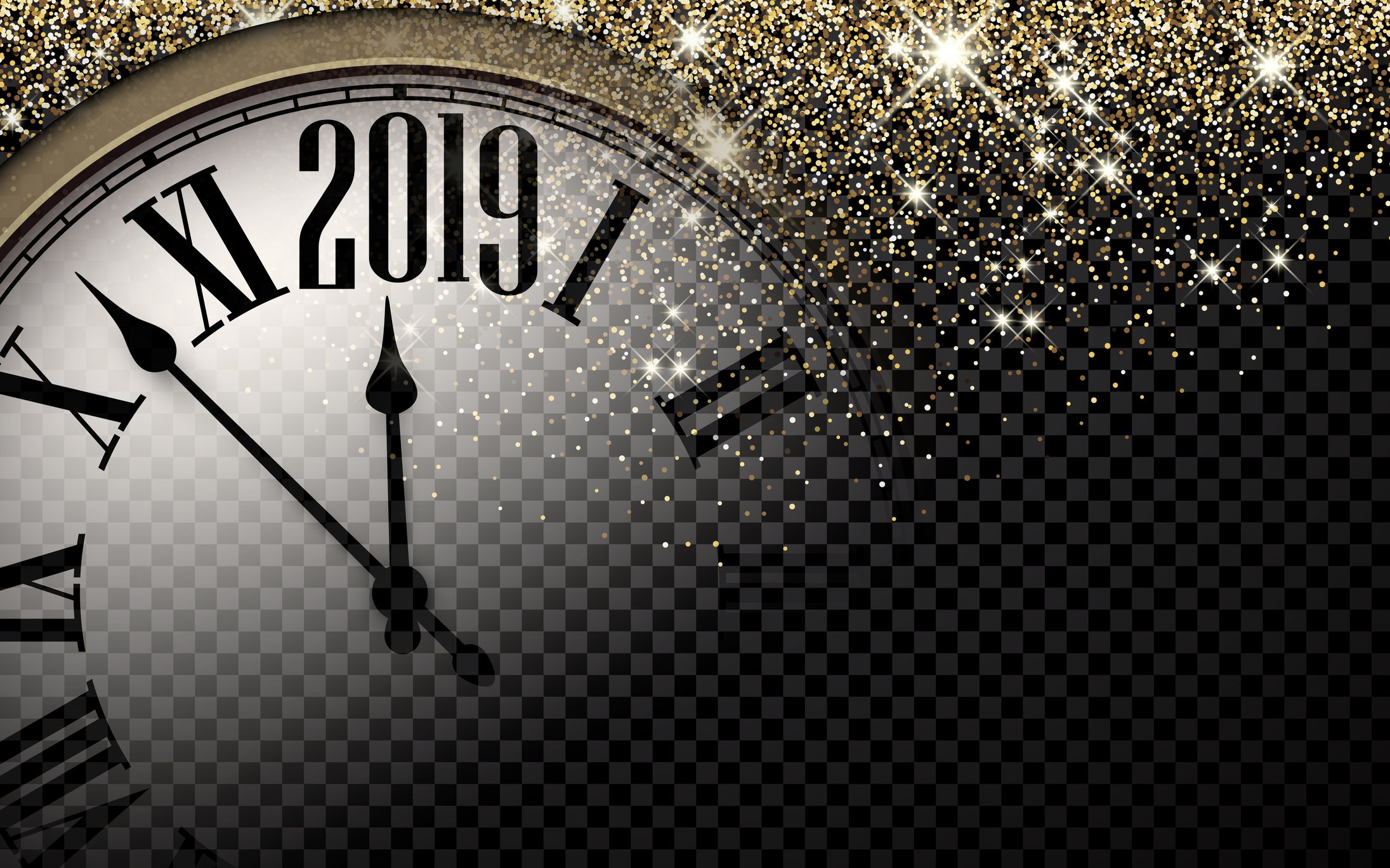 With sparkles in the background, the hands of a clock move toward midnight, with the number 2019 at the top of the dial.
