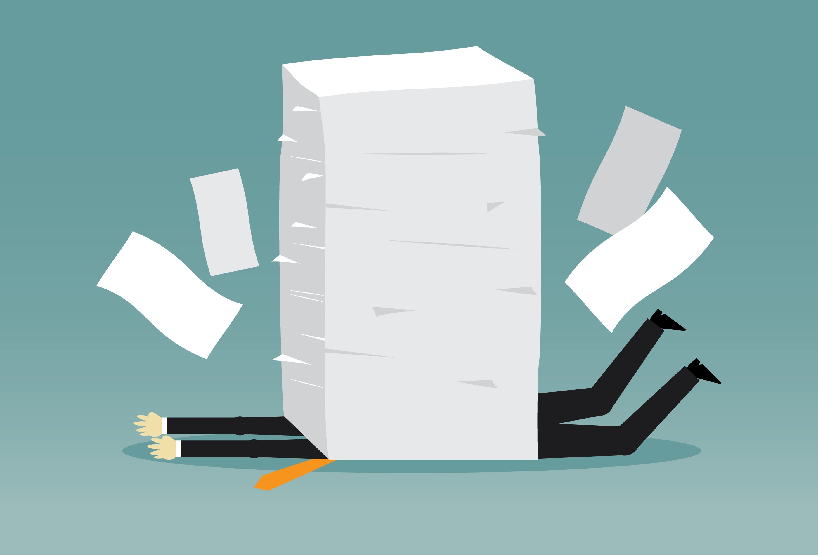 Cartoon of an office worker crushed by paperwork.