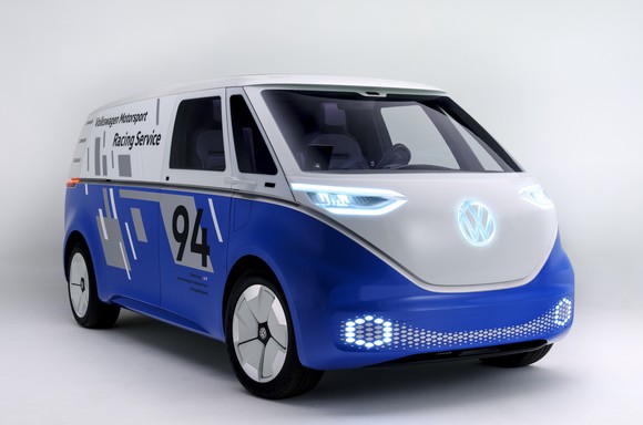 The Volkswagen I.D. BUZZ CARGO, an electric commercial van, painted in the blue and white livery of VW's electric racing car.