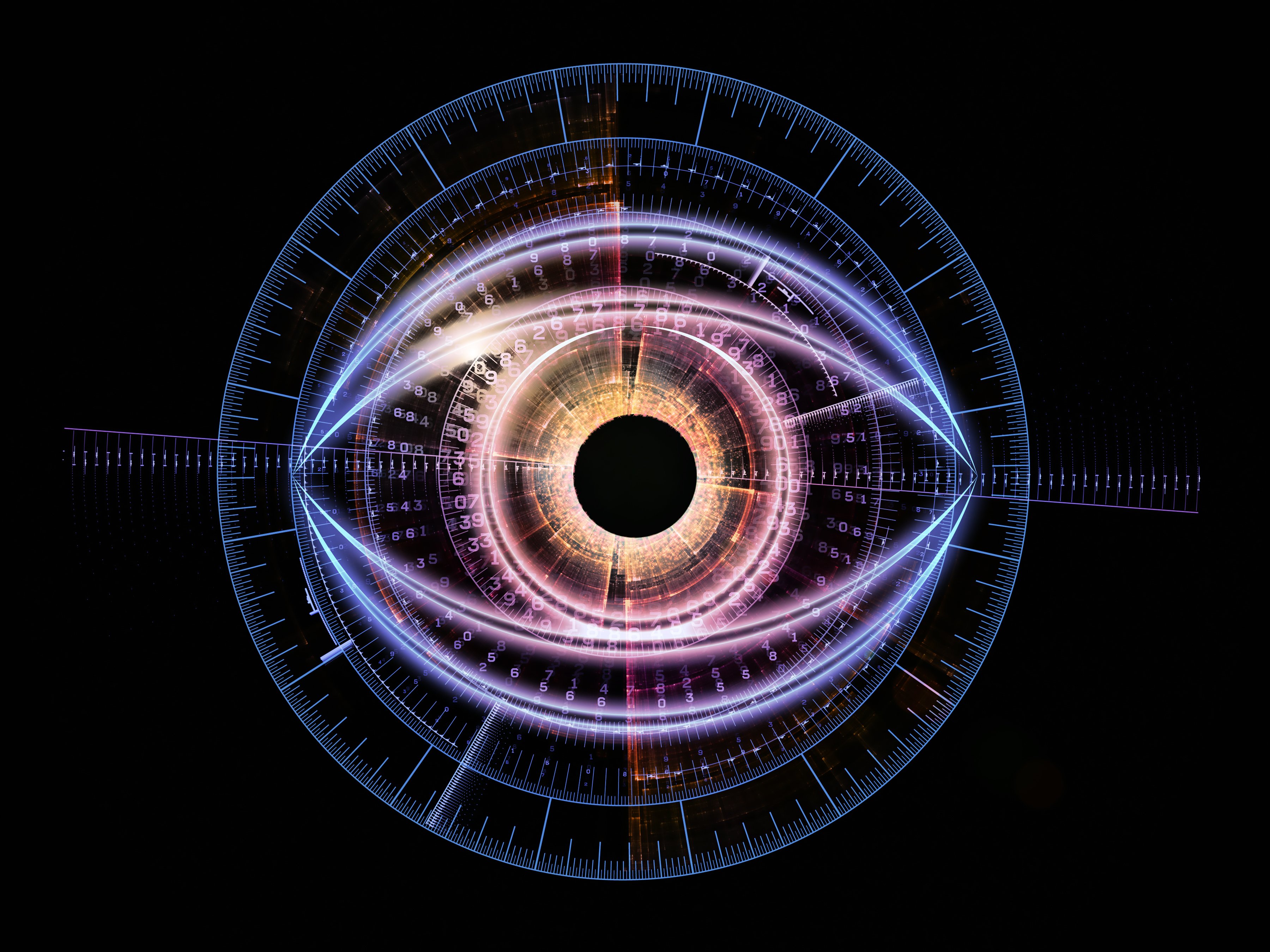 An illustration of an eyeball surrounded by numbers and measuring instruments.