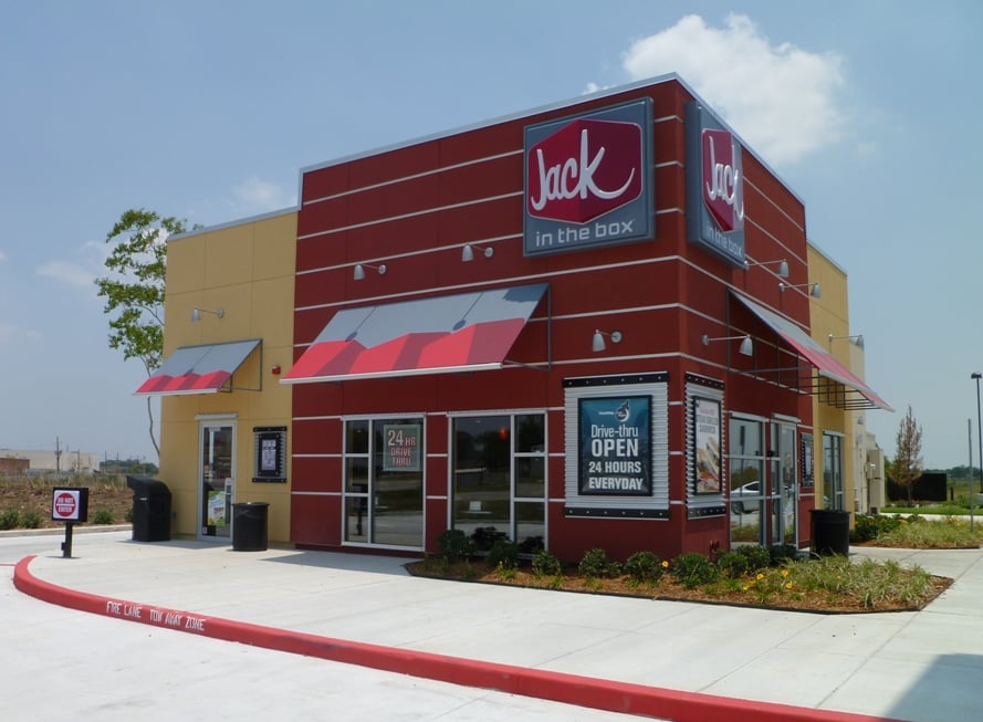 The exterior of a Jack in the Box restaurant.