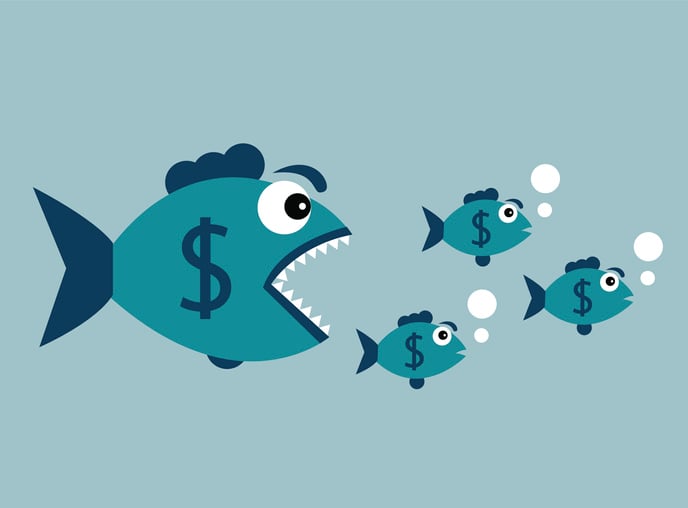 An open-mouthed big fish with a dollar sign on it swimming after three smaller fishes with dollar signs.