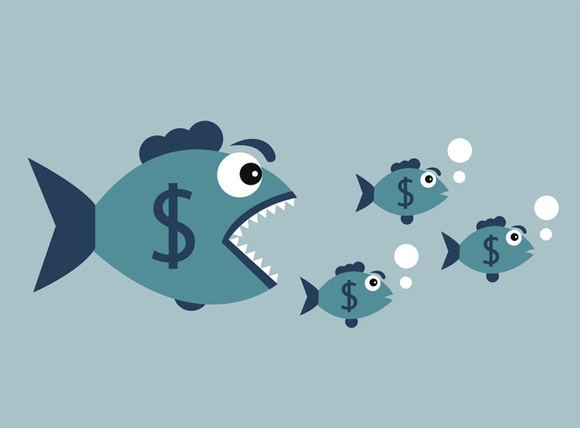 An open-mouthed big fish with a dollar sign on it swimming after three smaller fishes with dollar signs.
