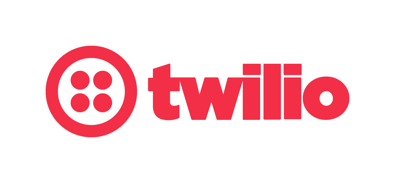 Twilio red text logo with a circle and four dots in the center