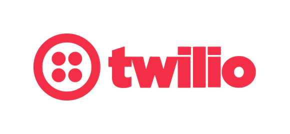 Twilio red text logo with a circle and four dots in the center