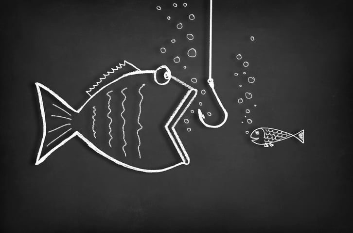 A small fish looks on as a bigger fish with an open mouth moves toward a hook on a line.