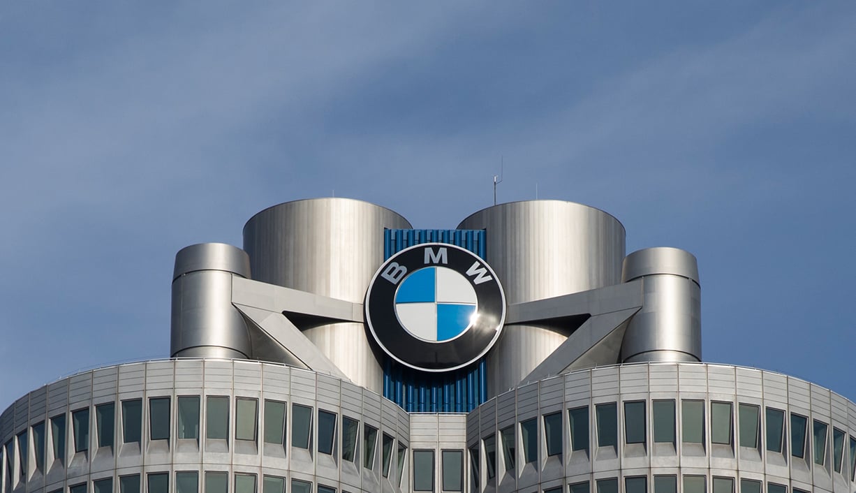 A close-up of the BMW "roundel" logo atop the company's headquarters building. 