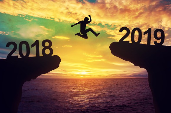 A man jumping between two cliffs marked 2018 and 2019
