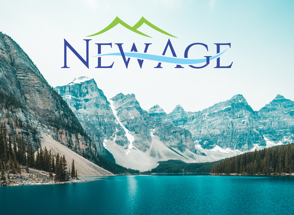Glacial mountain view with lake in forefront with New Age logo