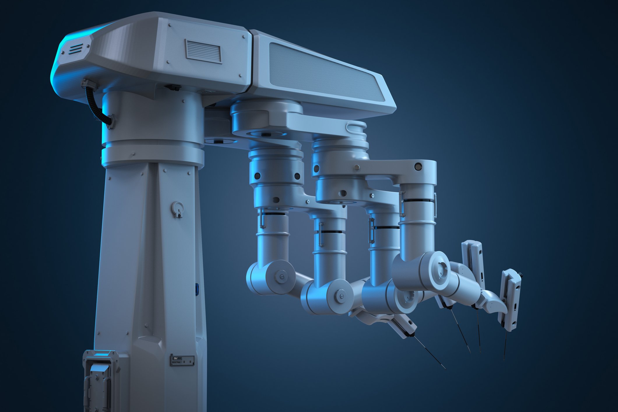 3-D rendering of a robot surgery machine with four arms.