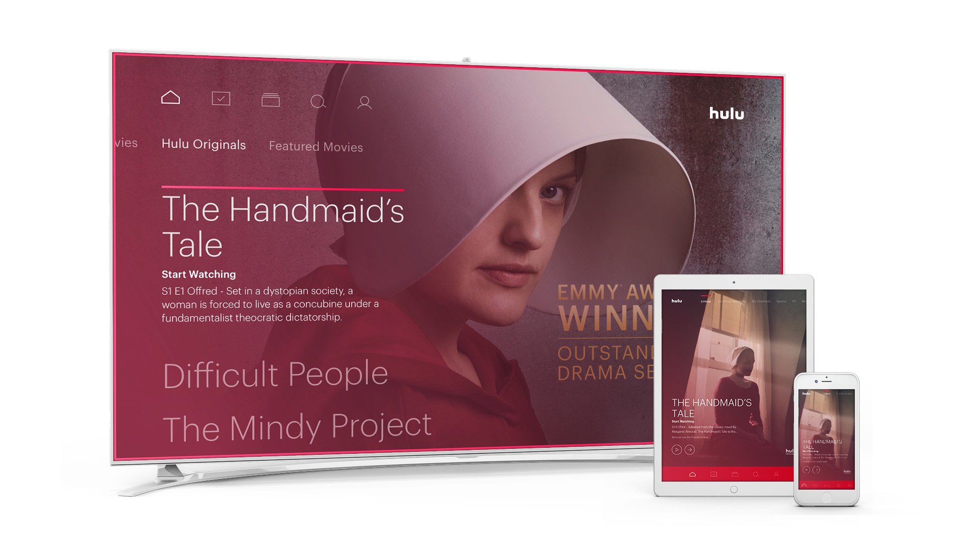 Hulu's homescreen on TV, tablet, and smartphone depicting The Handmaid's Tale.