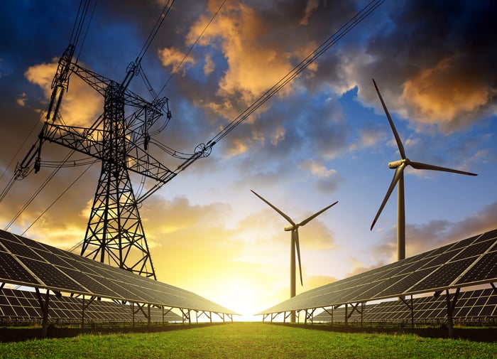 Solar panels, wind turbines, and transmission lines at sunset