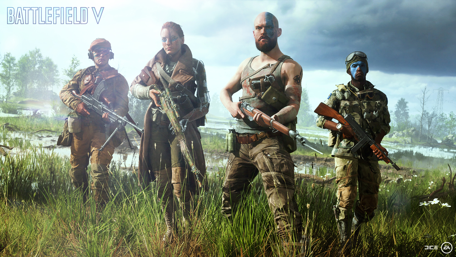 Four characters standing in Battlefield V