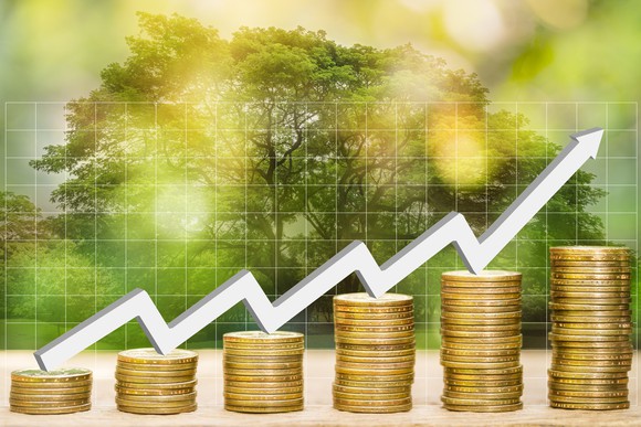 Successively taller stacks of coins, with an upward-pointing graph line on top of them, and a tree in the background.