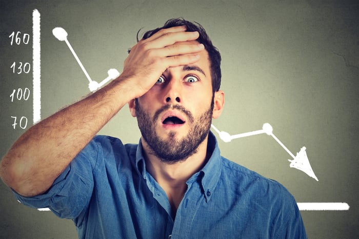 A person holds his palm against his forehead in front of a wall displaying a declining stock price chart.