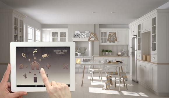 A tablet device with options to control multiple smart home devices.