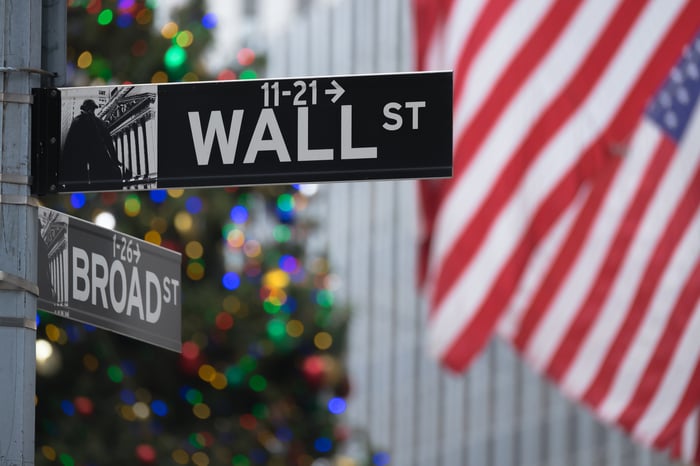 Wall Street and Broad Street signs with American flags and a Christmas tree in the background