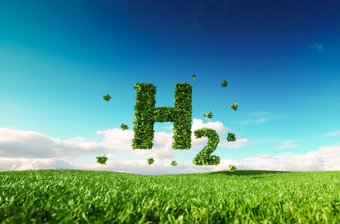 Composed of green leaves, the chemical symbol for hydrogen gas hovers above a green field.