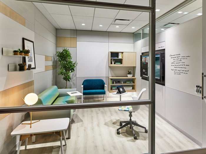 Waiting room in contemporary health organization setting.
