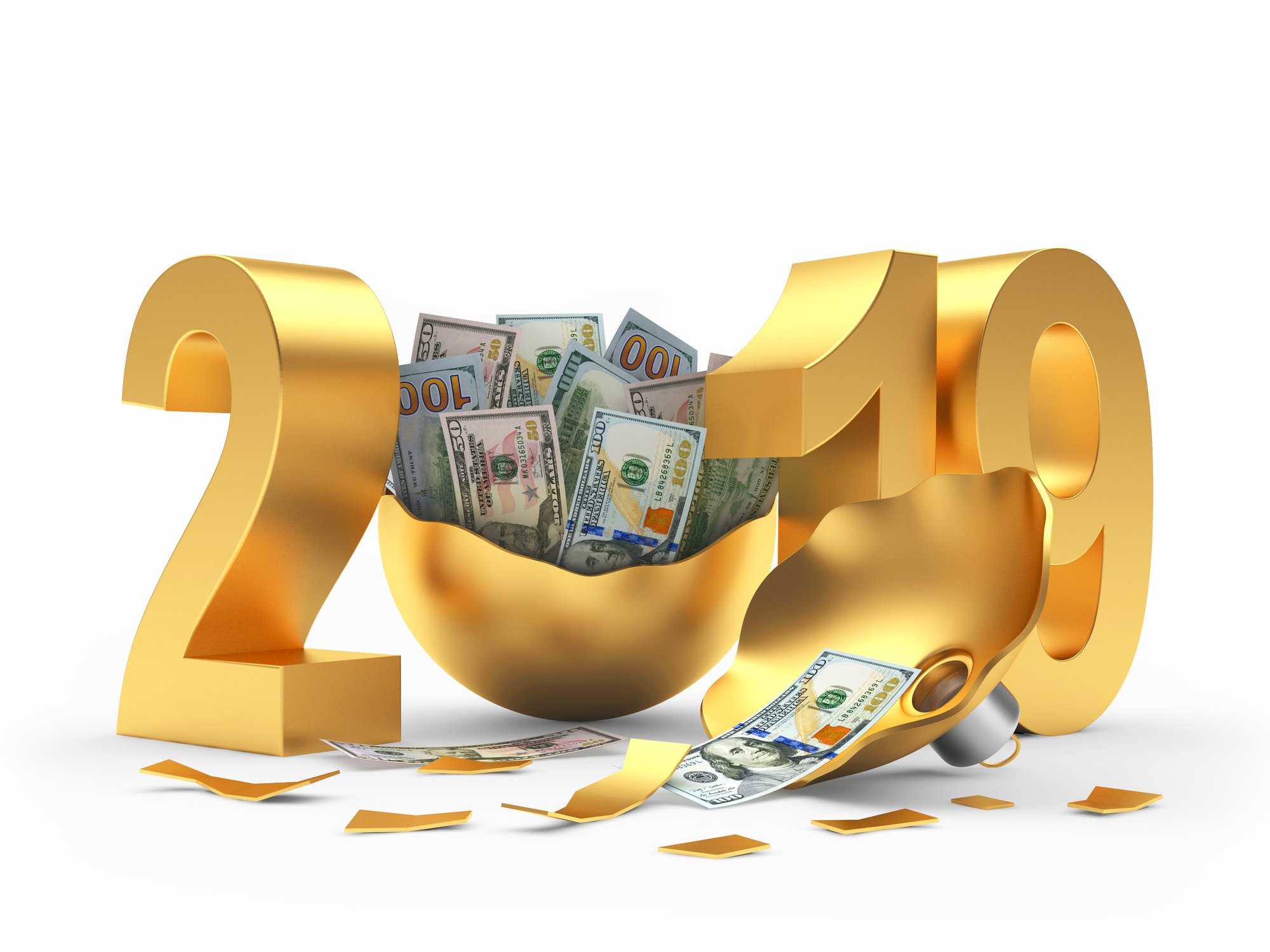 2019 in gold with an opened ornament with cash in it in the place of the zero in the year