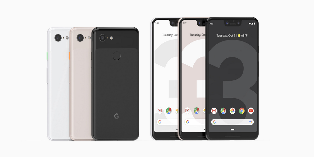 Pixel 3 smartphone lineup in all sizes and colors