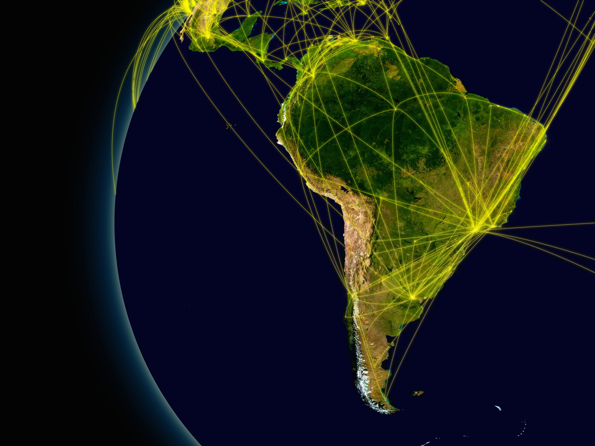 Image of South America with connecting flight patterns to other continents.