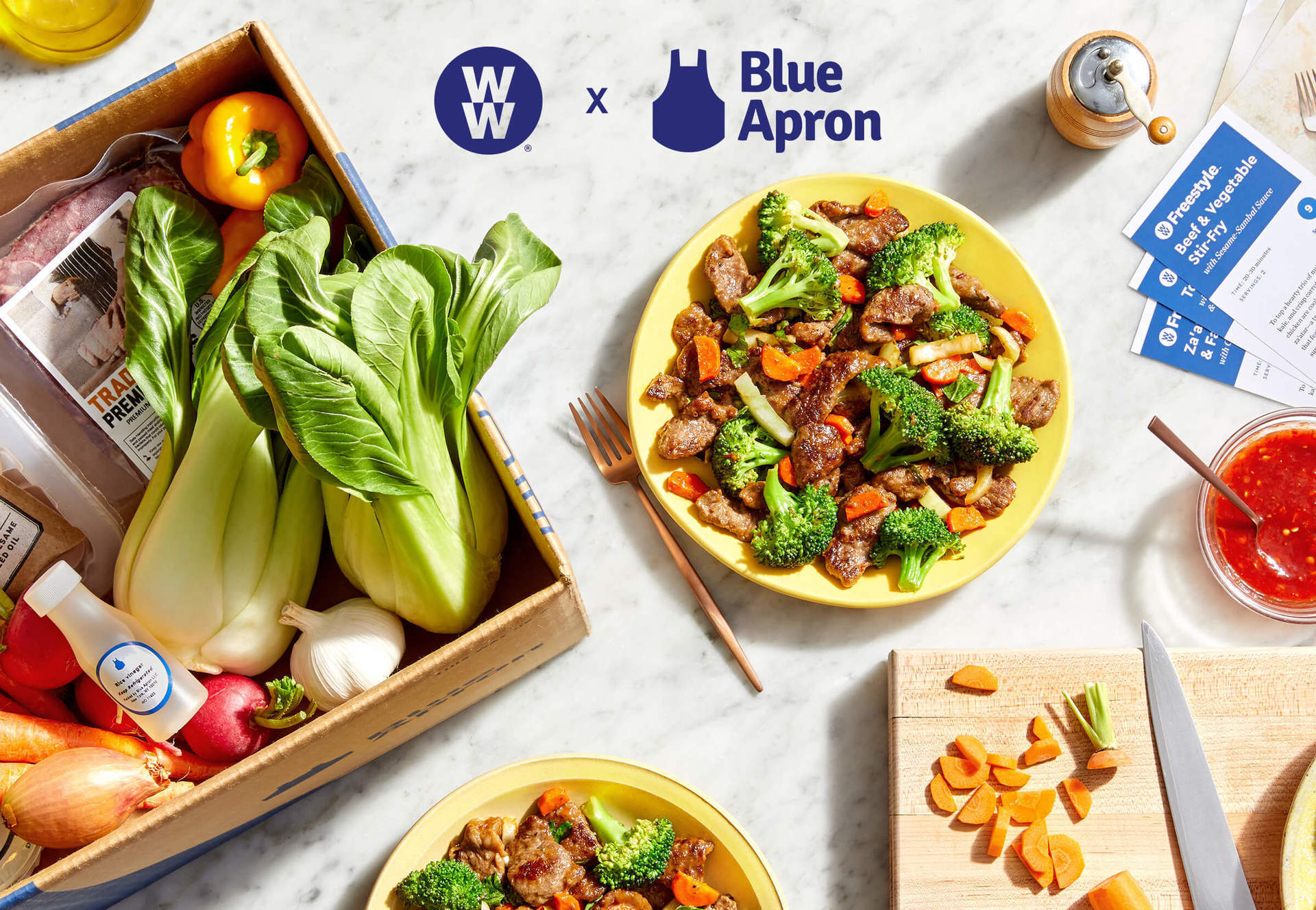 A Blue Apron box and a plate of food.