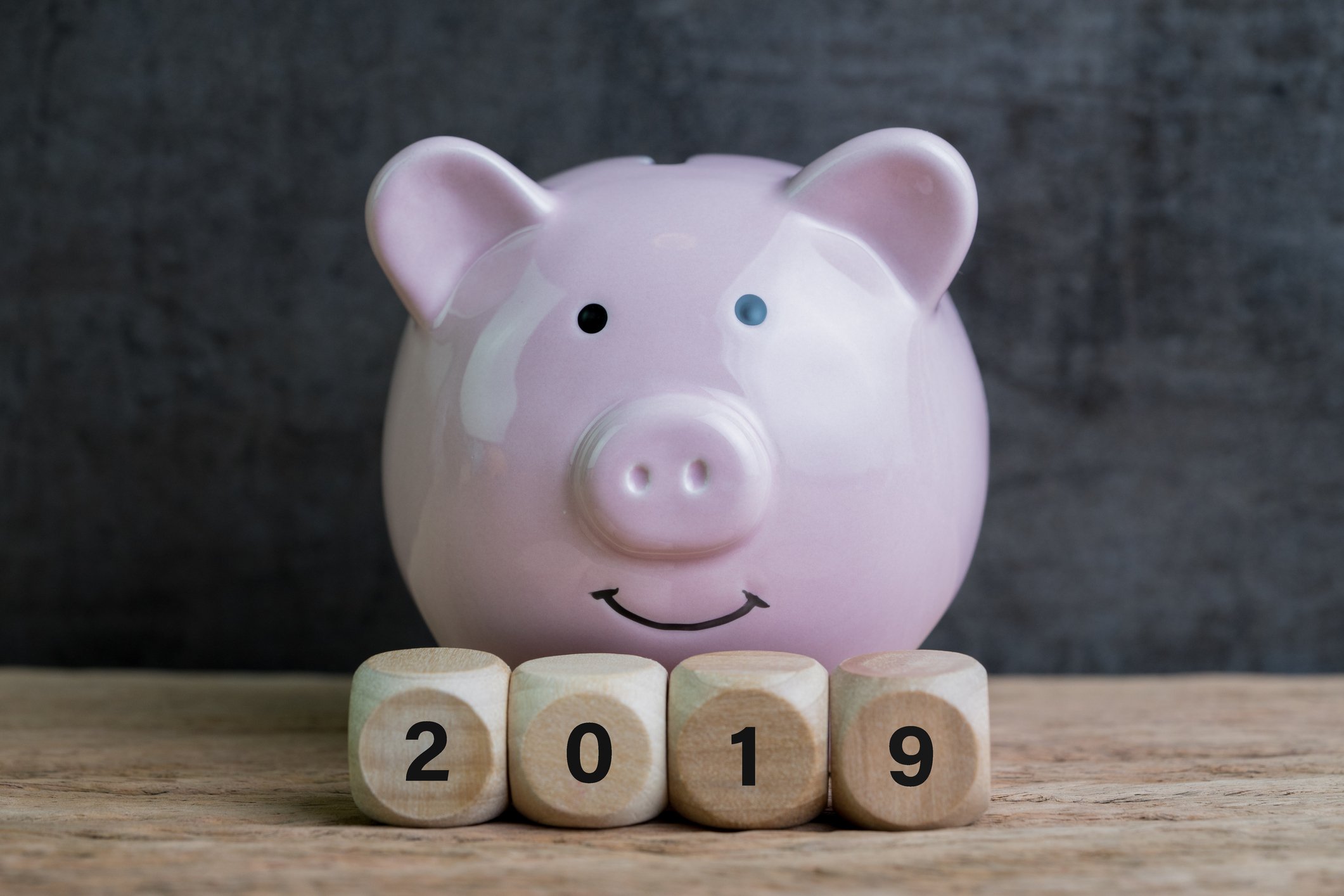Pink piggy bank sitting behind 2019 spelled out in wooden cubes