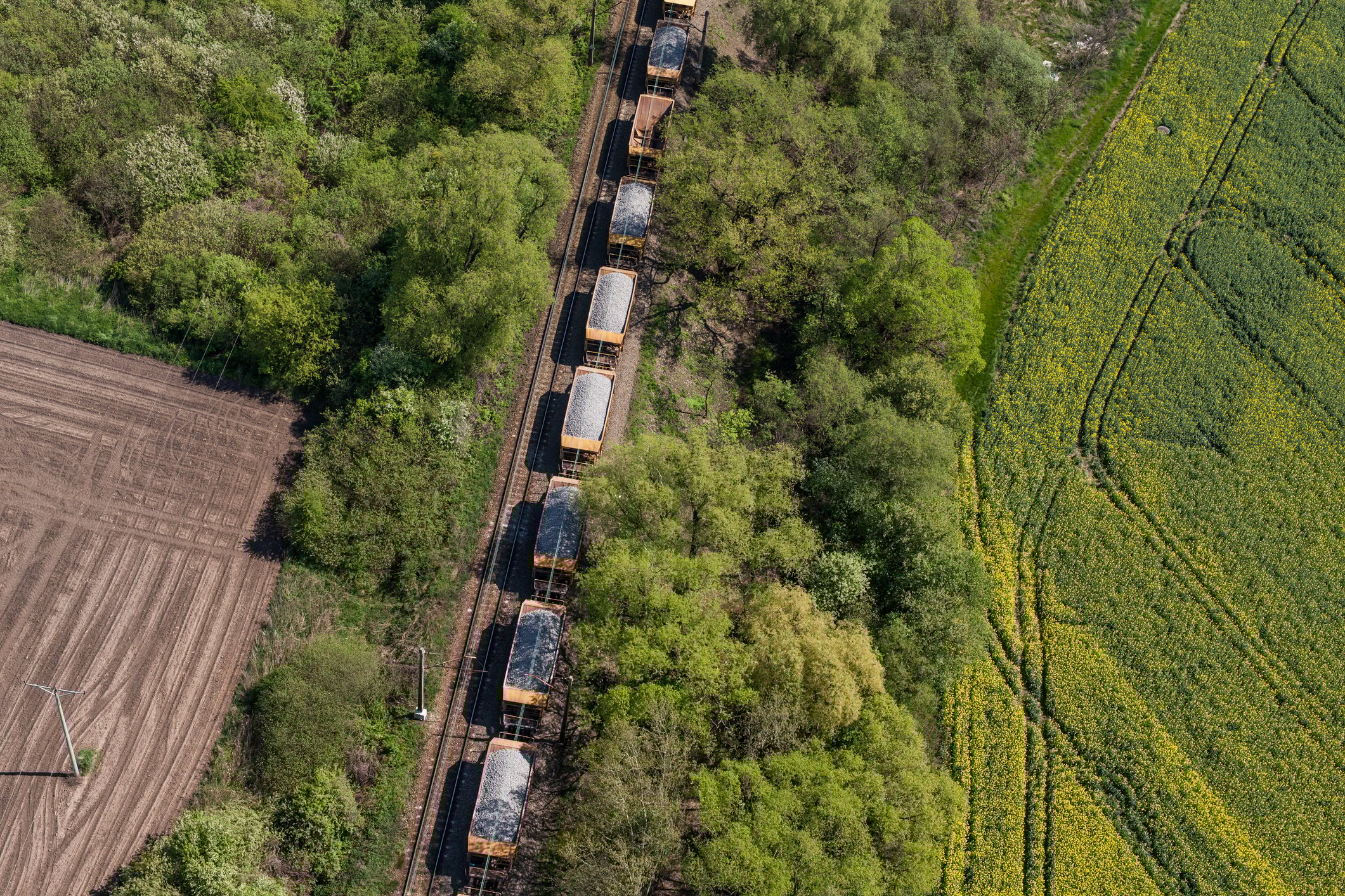 Aerial view of cargo train on track.
