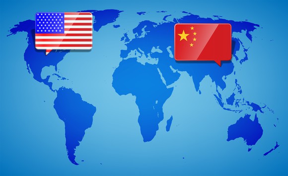 A map of the world with U.S. and China flags highlighted. 