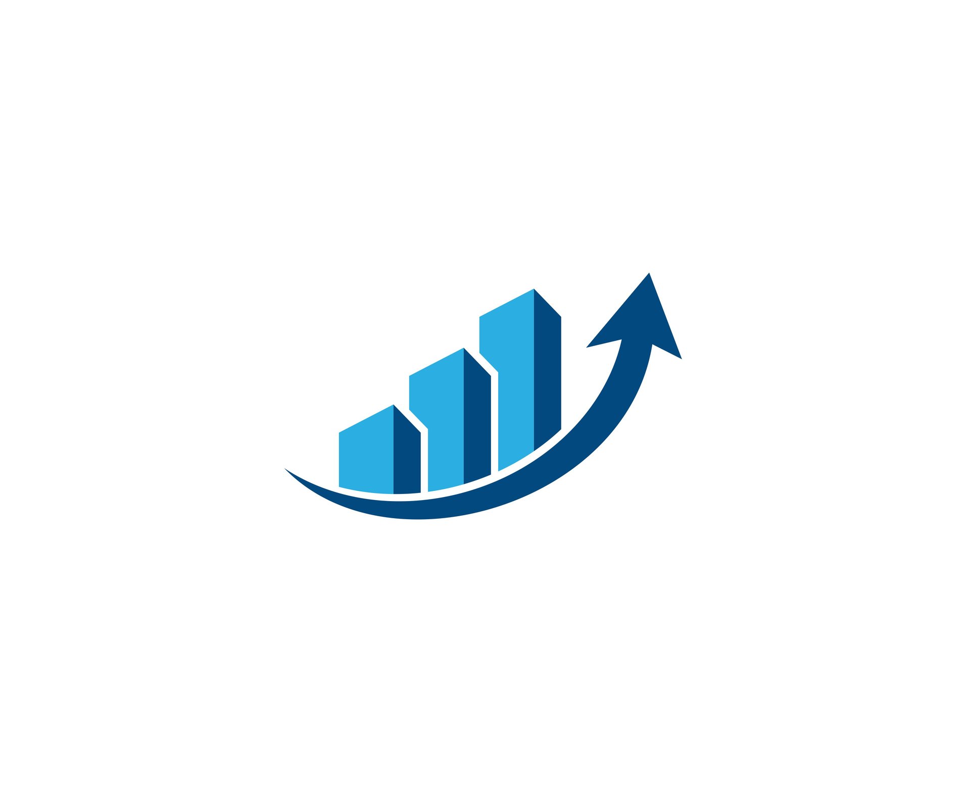 An upward-pointing arrow curving around three bar chart lines.