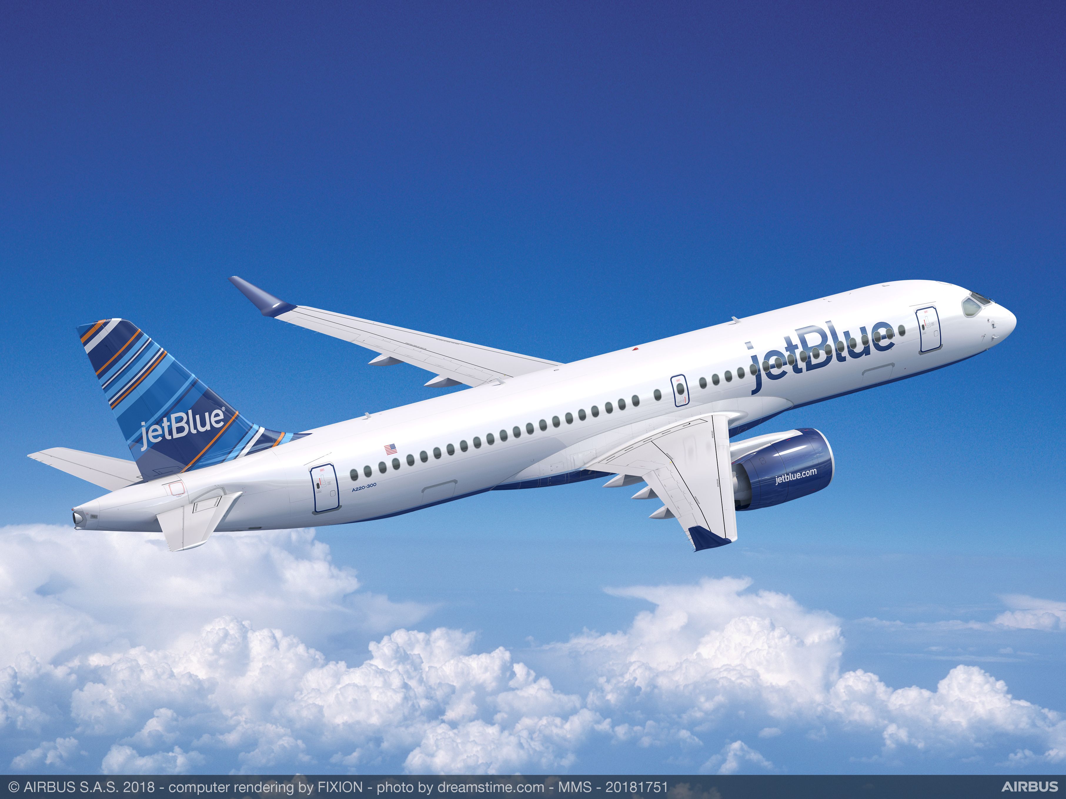 A rendering of an A220-300 in JetBlue livery.