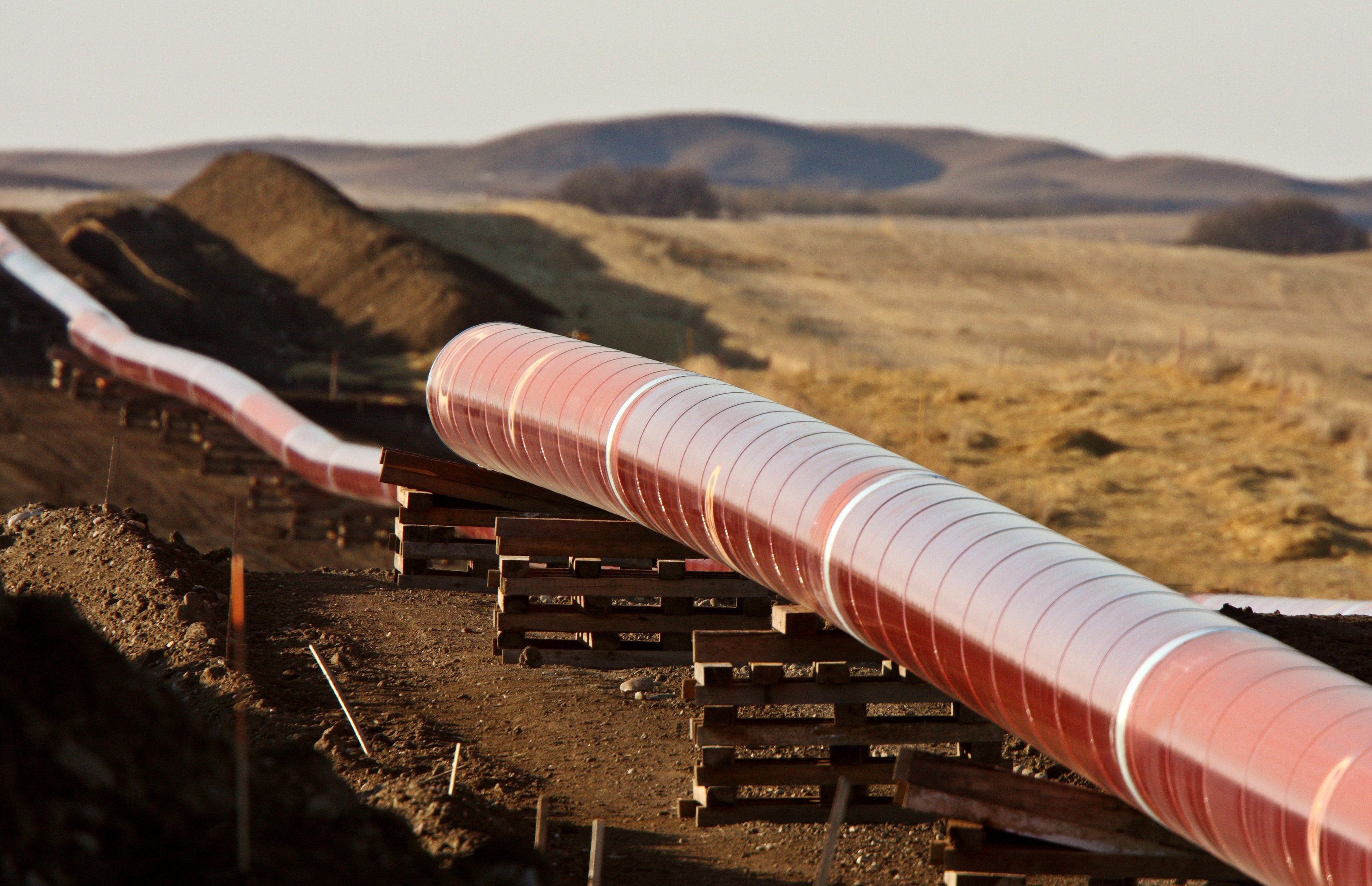 Pipes laid out for natural gas pipeline.