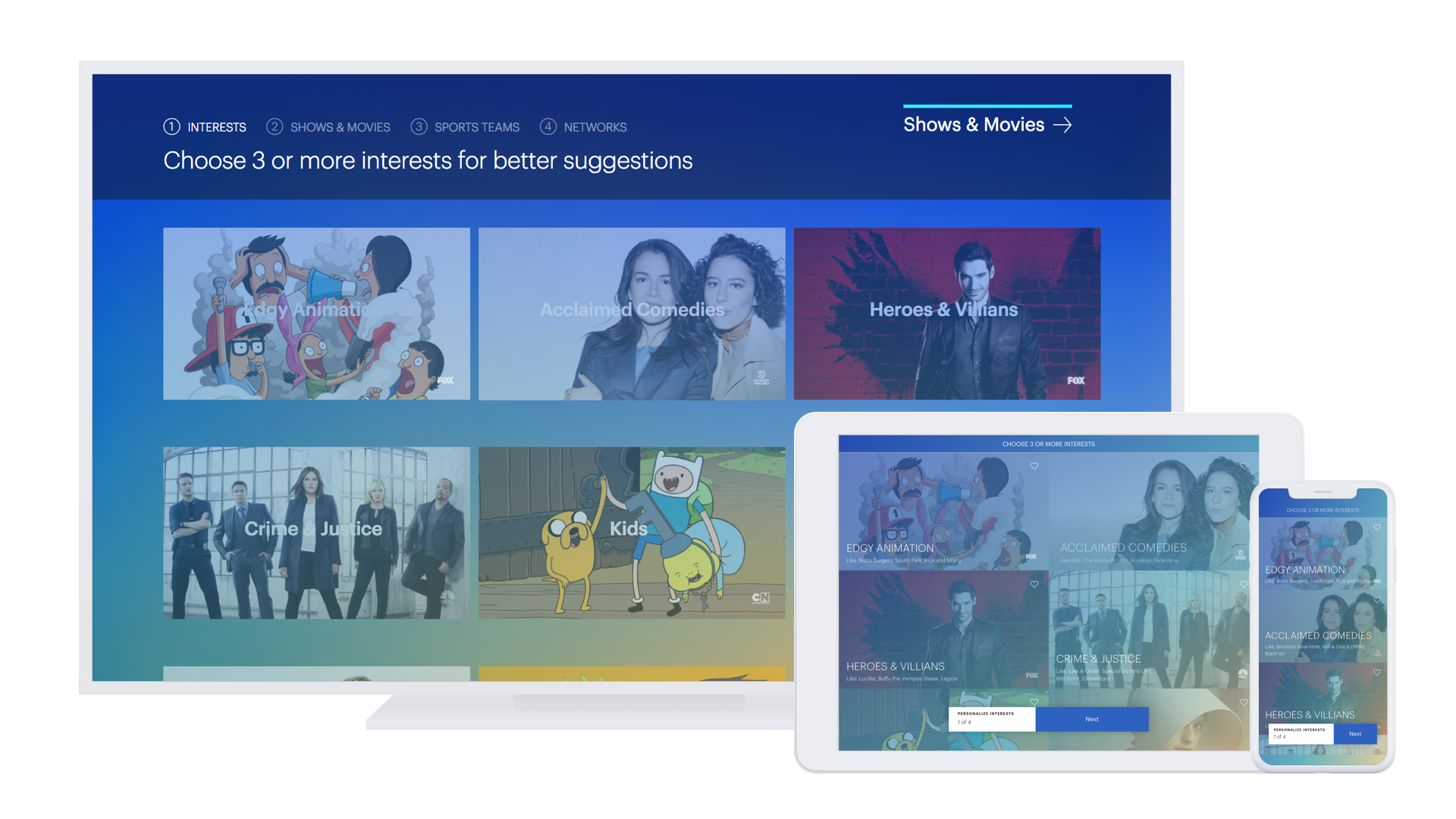 The Hulu app displayed on a TV, tablet, and smartphone.