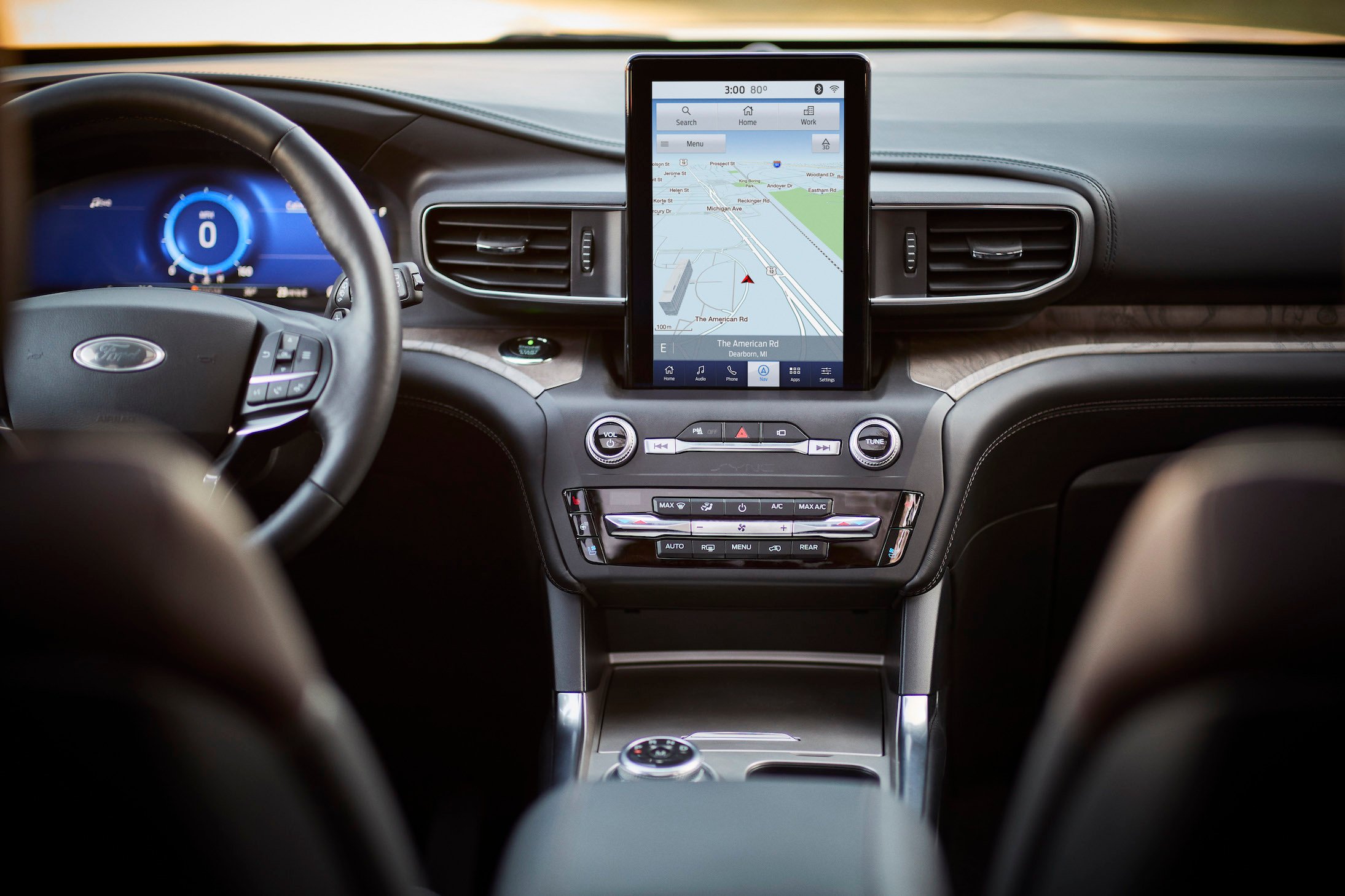 The dashboard of a 2020 Ford Explorer Platinum, showing a large touchscreen above the center stack. 