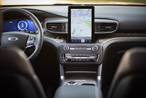 The dashboard of a 2020 Ford Explorer Platinum, showing a large touchscreen above the center stack. 