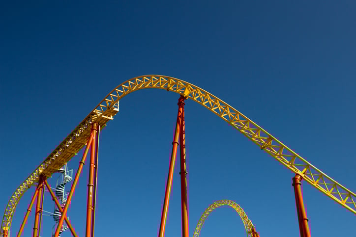 A roller-coaster against a blue sky.