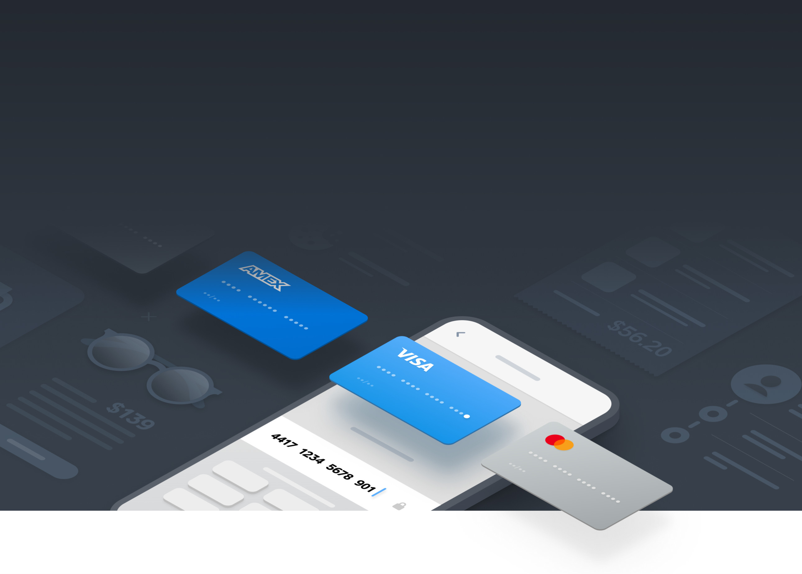 A graphic of credit cards overlaid on a smartphone