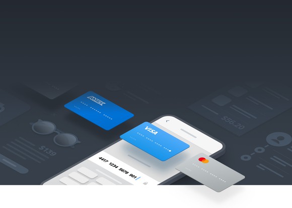 A graphic of credit cards overlaid on a smartphone