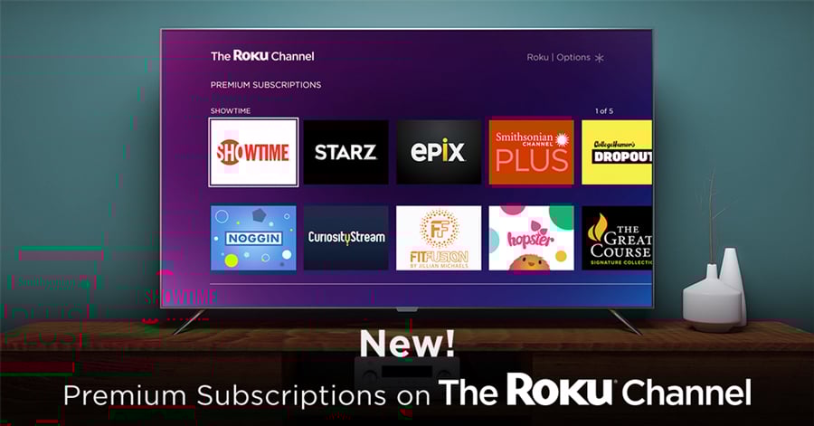 A TV showing multiple premium subscriptions available on The Roku Channel.